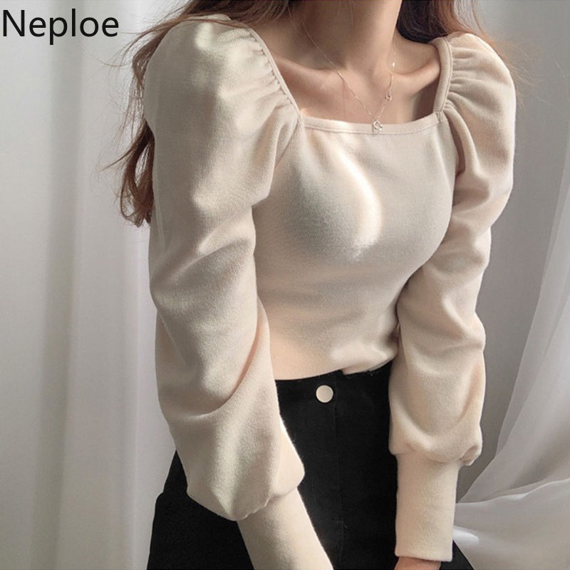 Neploe Chic Square Collar Hollow Out Clavicle T Shirt Slim Fit Pleated Puff Sleeve Solid Blusas Autumn Spring 2023 New Knit Top
