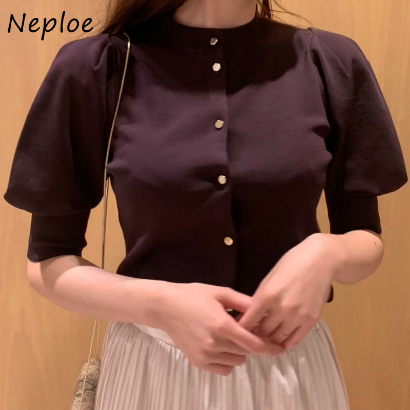Neploe New Sweet Warm All-Match O-Neck Cardigan Solid Color Chic Button Sweater Women 2023 Autumn Loose Puff Sleeve Coat