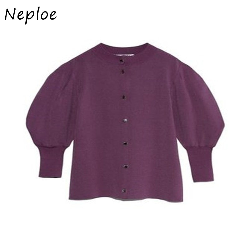 Neploe New Sweet Warm All-Match O-Neck Cardigan Solid Color Chic Button Sweater Women 2023 Autumn Loose Puff Sleeve Coat