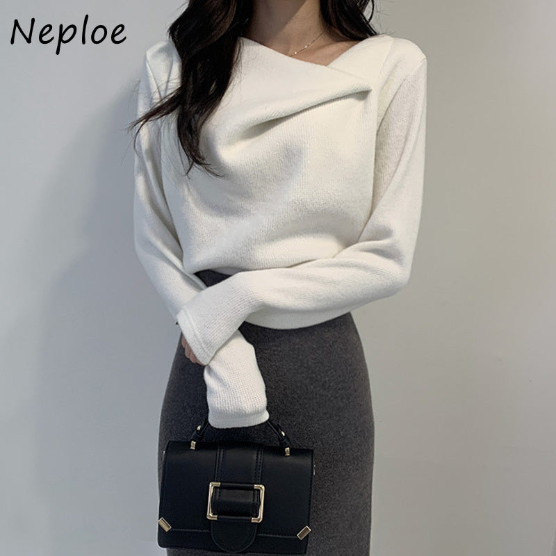 Neploe Skew Collar Irregular Knitted Sweater Women Chic Autumn Winter Elegant Femme Pullovers Solid Color Simple All-Match Tops
