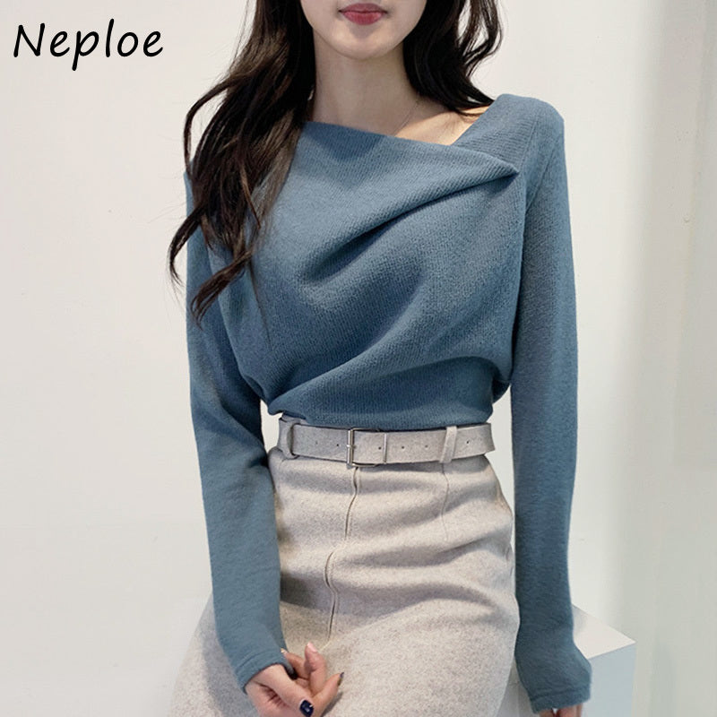Neploe Skew Collar Irregular Knitted Sweater Women Chic Autumn Winter Elegant Femme Pullovers Solid Color Simple All-Match Tops