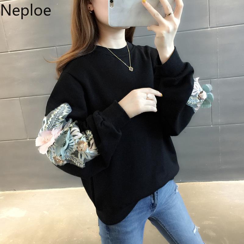 Neploe Thicked Flower Embroidery Hoodies O Neck Long Sleeve Ins Warm Sweatshirt Autumn Spring 2023 New Solid Ladies Top 48207