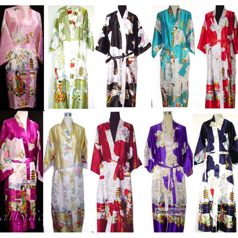 New Arrival 10Color Women Sexy Kimono Robe Gown Chinese Silk Rayon Lingerie Long Sleepwear Printed Fairy Pajama Size