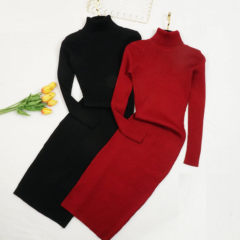 New Autumn Winter Women Knitted Dress Turtleneck Sweater Dresses Lady Slim Bodycon Long Sleeve Bottoming Dress Vestidos Pp003