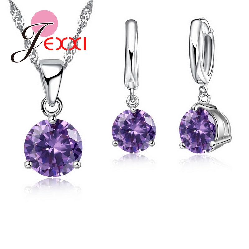 New Crystal Necklaces Set 8 Colors 925 Sterling Silver Pendants Stud Earring Sets Women Cubic Zircon Jewelry