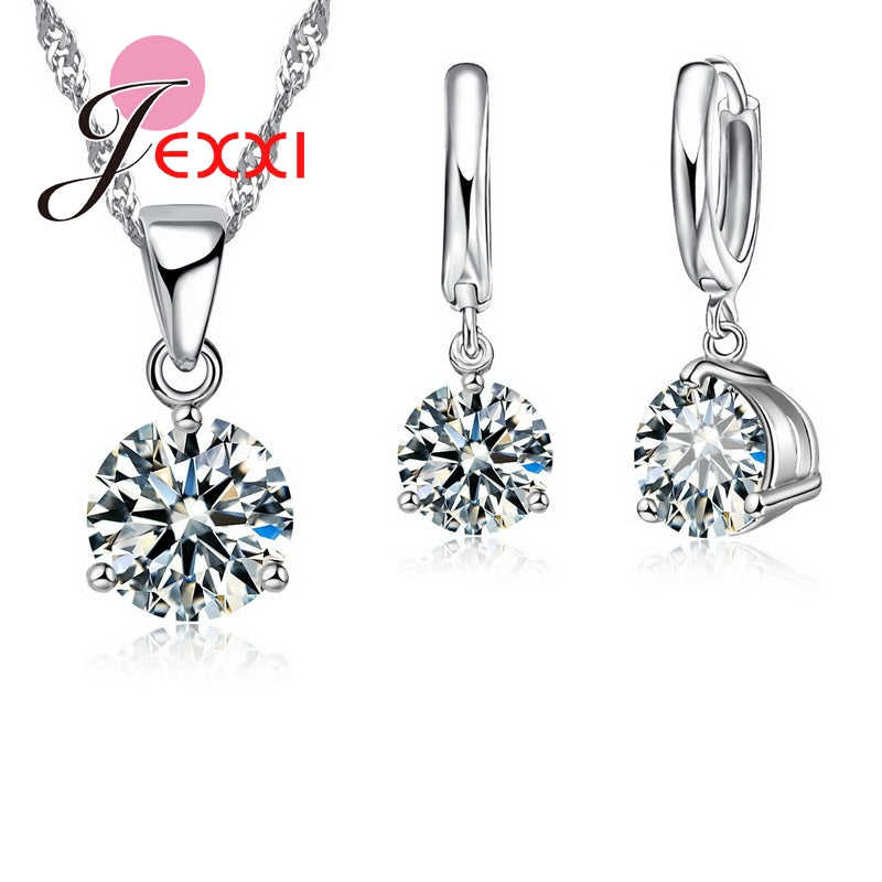New Crystal Necklaces Set 8 Colors 925 Sterling Silver Pendants Stud Earring Sets Women Cubic Zircon Jewelry