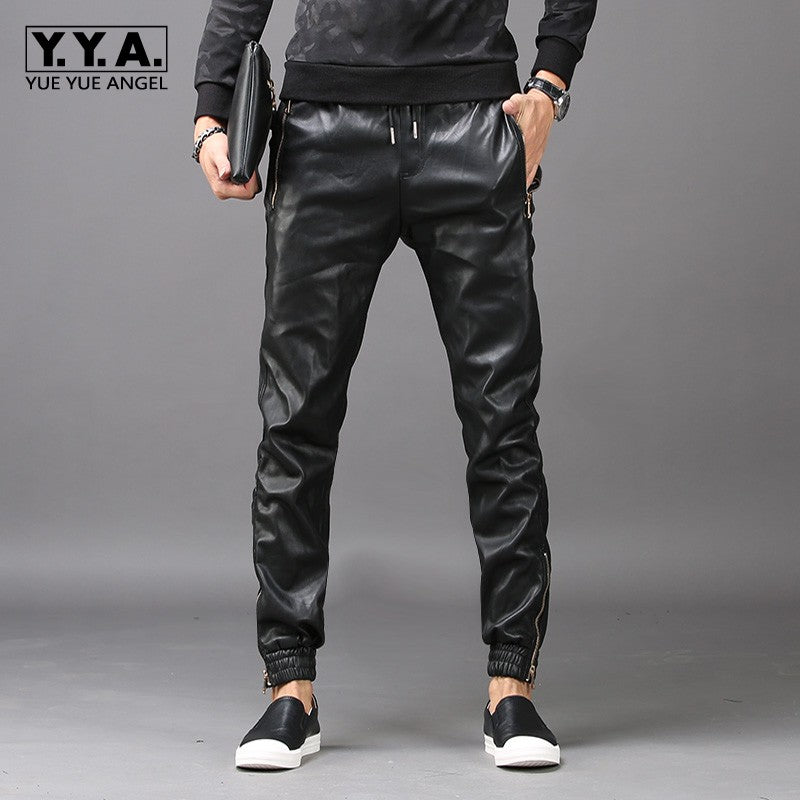 New Fashion Mens Hip Hop Harem Pants Faux Leather Long Pants Male Trousers Pockets Elastic Waist Pantalon Hombre Plus Size