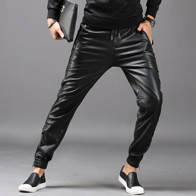 New Fashion Mens Hip Hop Harem Pants Faux Leather Long Pants Male Trousers Pockets Elastic Waist Pantalon Hombre Plus Size