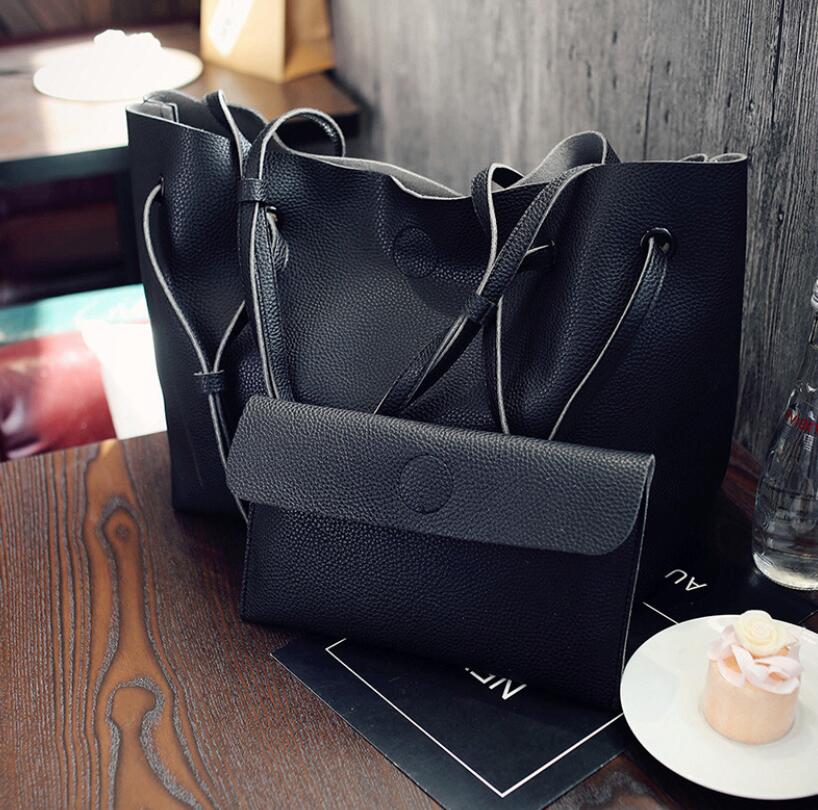 New Fashion Plain Big Black Tote Handbag Set Of 2 Women Pink Shopping Bag Lady Grey  Brown Clutch