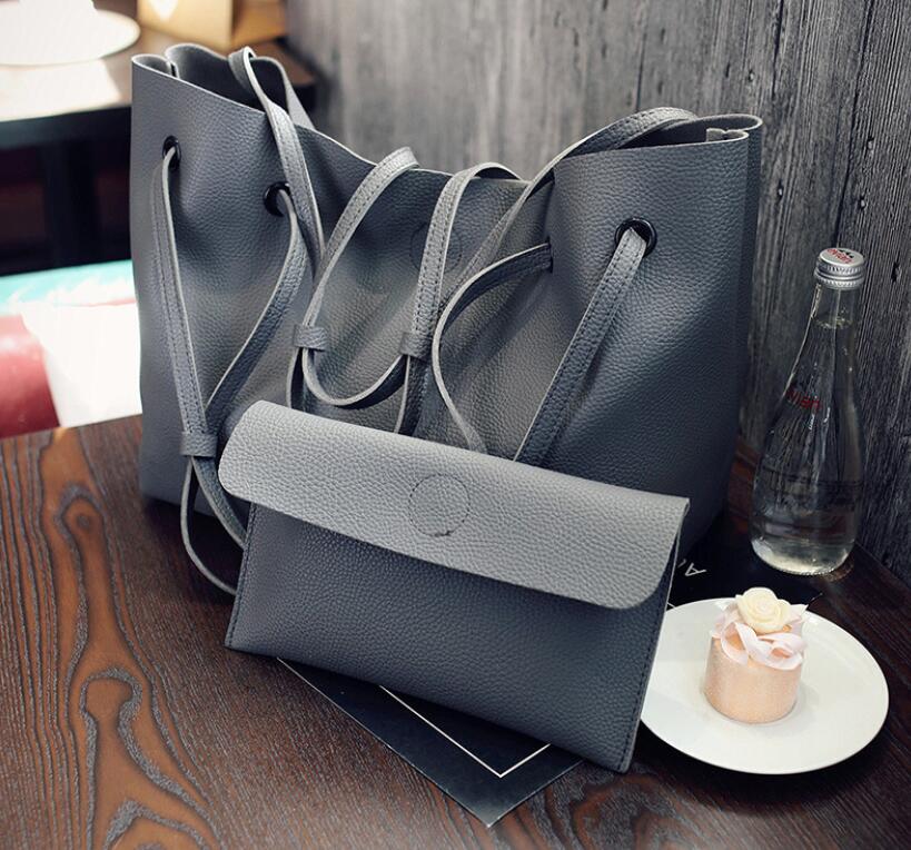 New Fashion Plain Big Black Tote Handbag Set Of 2 Women Pink Shopping Bag Lady Grey  Brown Clutch