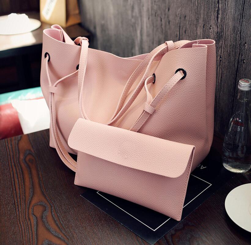 New Fashion Plain Big Black Tote Handbag Set Of 2 Women Pink Shopping Bag Lady Grey  Brown Clutch