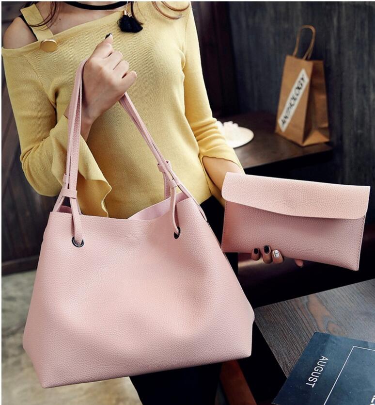 New Fashion Plain Big Black Tote Handbag Set Of 2 Women Pink Shopping Bag Lady Grey  Brown Clutch