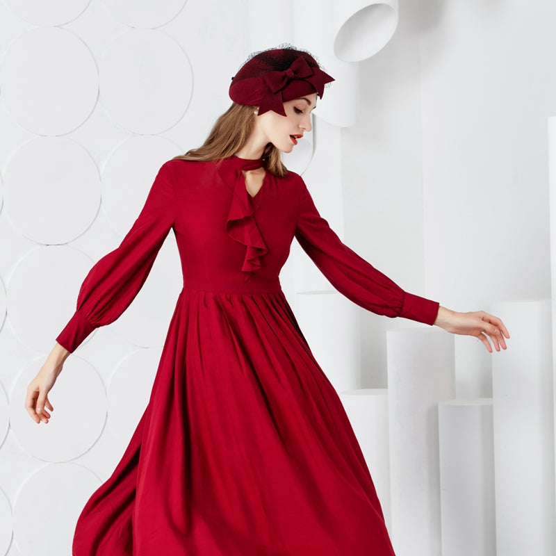 New Fashion Wool Hat Women Vintage Red Ladies Wool Felt Winter Fascinator Pillbox Hats Fedoras With Bow Church Hats B-7437