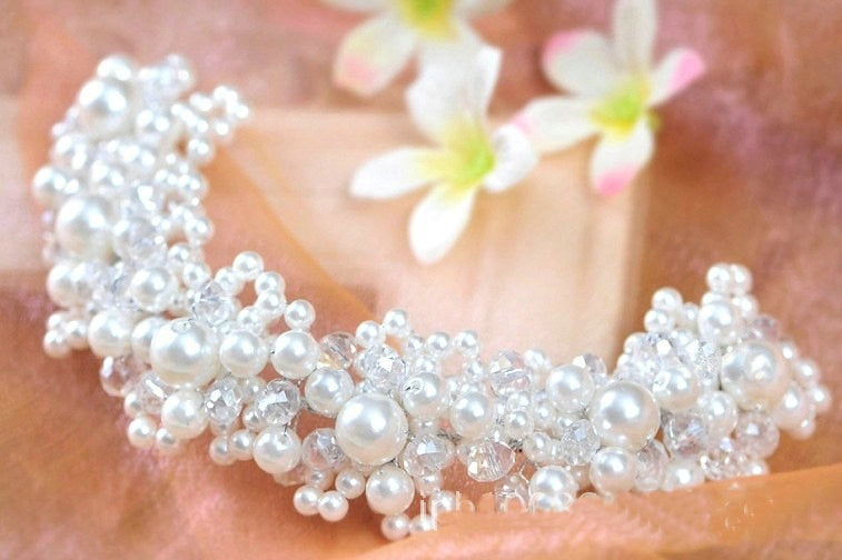 New Korean Hair White Pearl Crystal Bride Headdress By Hand Wedding Dress Accessories Bridal Hair Jewelry 1Pcs Free Shipping