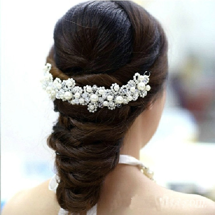 New Korean Hair White Pearl Crystal Bride Headdress By Hand Wedding Dress Accessories Bridal Hair Jewelry 1Pcs Free Shipping