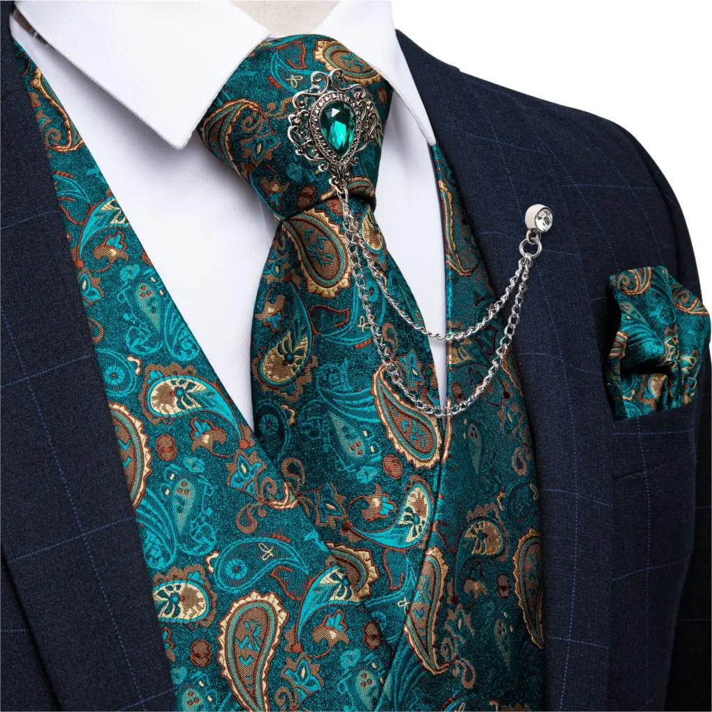 New Teal Green Paisley 100% Silk Formal Dress Vest Men&#39;S Suit Vest Waistcoat Tie Brooch Pocket Square Set For Tuxedo Dibangu