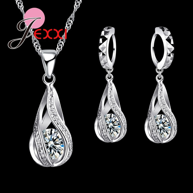 New Water Drop Cz Jewelry Sets 925 Sterling Silver Necklace&Earrings Wedding Jewelry For Women Wedding Party Sets