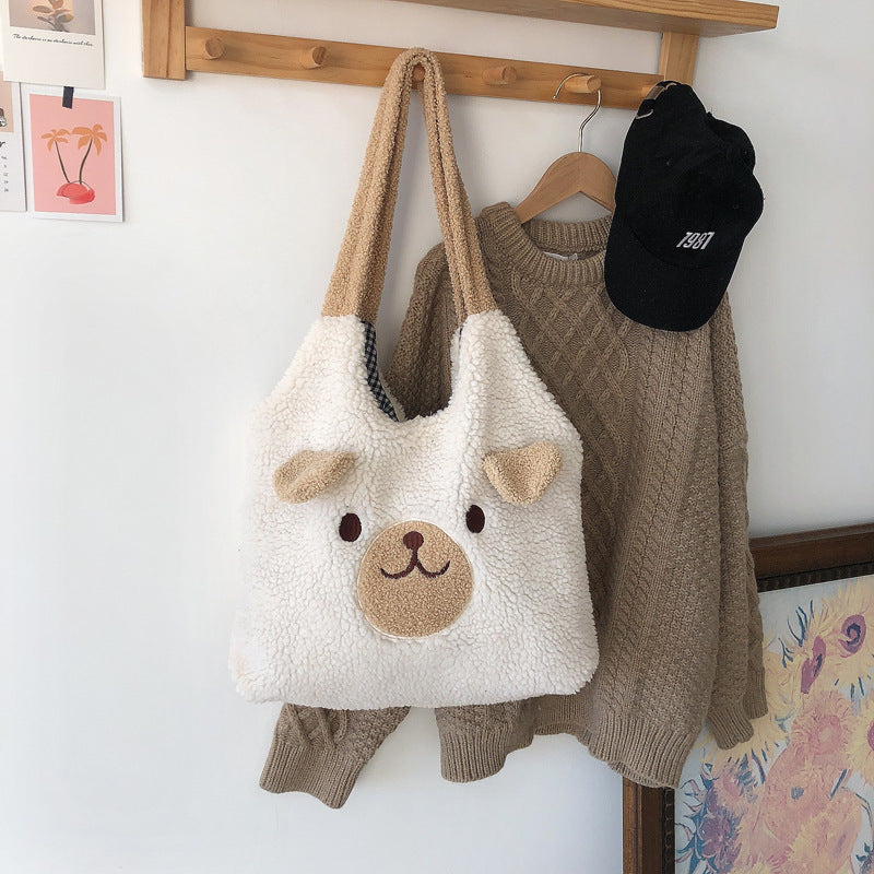 New Winter Soft Plush Tote Bag Women Cartoon Embroidery Imitation Lamb Hair Shoulder Bag For Women 2021 Shopper Bag Bolsa