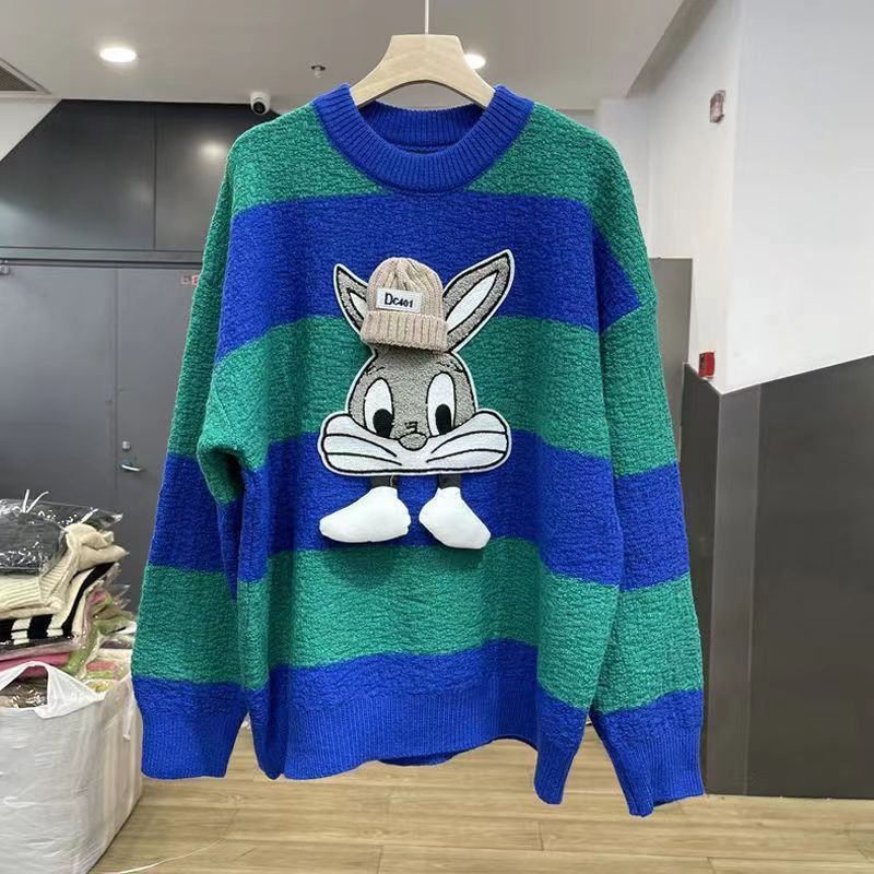 New Autumn And Winter Oversize Lazy Wind Color Matching Striped Sweater Women'S New Long Sleeve Knit Pullover Tops