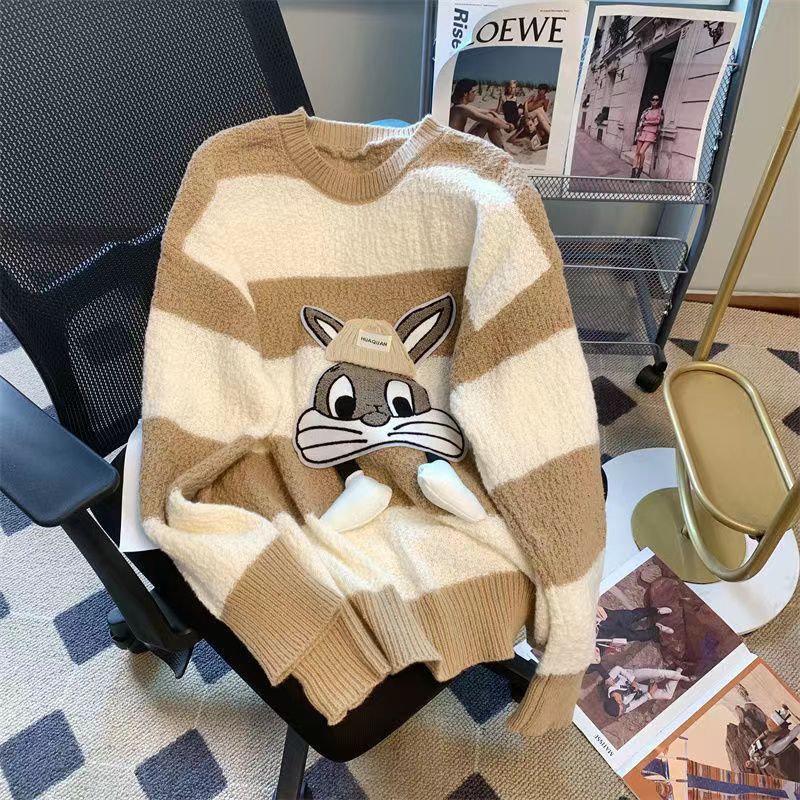 New Autumn And Winter Oversize Lazy Wind Color Matching Striped Sweater Women'S New Long Sleeve Knit Pullover Tops