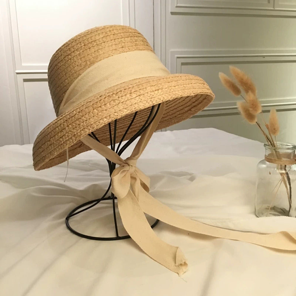 New Fashion Women' Summer Sun Hat Handmade Raffia Cap Visor Ribbon Hat Wide Side Travel Vacation Beach Hat Elegant Lady Seaside