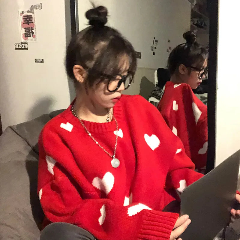 Nomikuma 2020 Autumn Winter Women Sweater Korean Love Heart Knitted Pullover Tops Causal Long Sleeve O-Neck Pull Femme B037