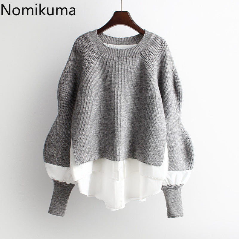 Nomikuma 2023 Autumn Winter Knitted Women Pullover Sweater Causal Patchwork Long Sleeve O-Neck Pull Femme Korean Jumpers 6B728
