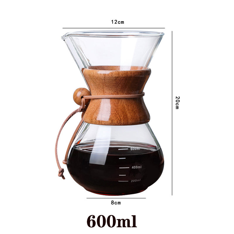 Ohfin 600Ml Classic Coffee Pot Wooden Handle Heat Resistant Glass Coffee Pots Manual Coffeemaker V60 Hand Dripper With Filter