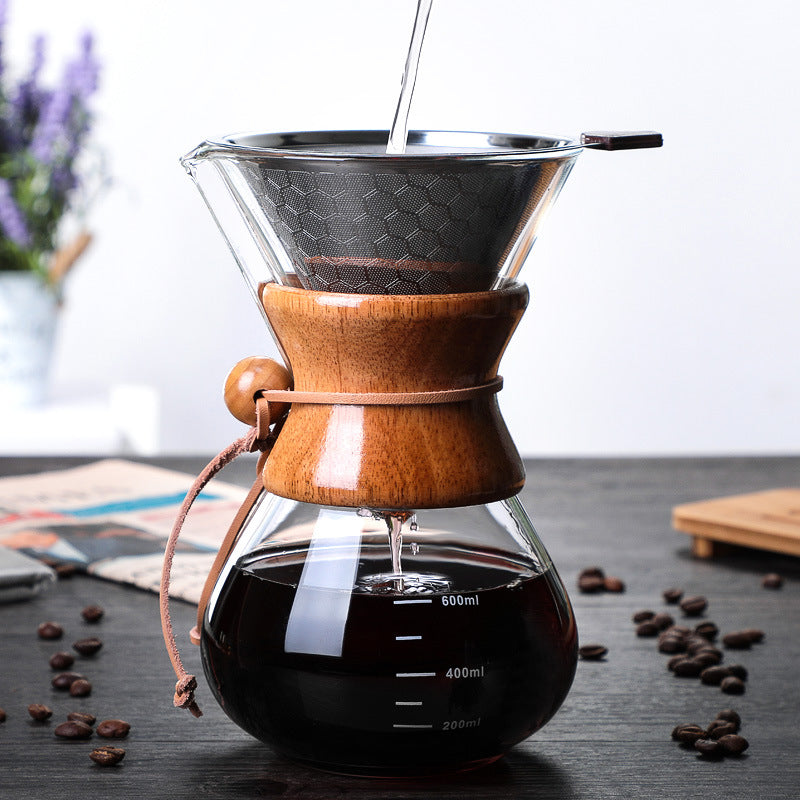 Ohfin 600Ml Classic Coffee Pot Wooden Handle Heat Resistant Glass Coffee Pots Manual Coffeemaker V60 Hand Dripper With Filter