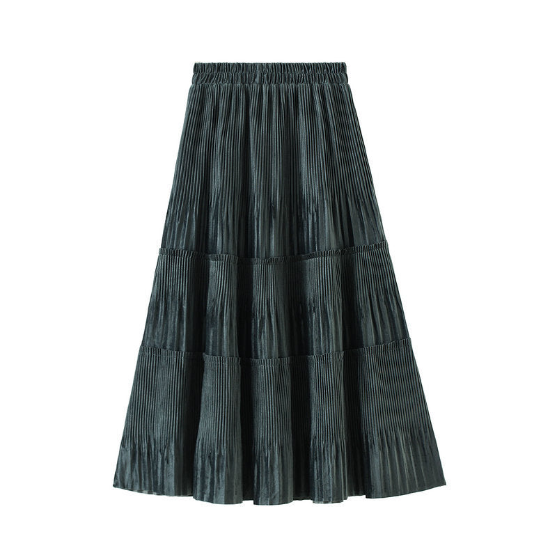 Ohryiyie Solid Color Vintage Long Velvet Pleated Skirt Women 2023 New Autumn Winter Fashion Lady High Waist A Line Skirt Female