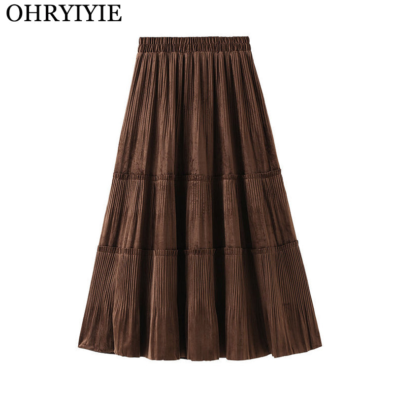 Ohryiyie Solid Color Vintage Long Velvet Pleated Skirt Women 2023 New Autumn Winter Fashion Lady High Waist A Line Skirt Female