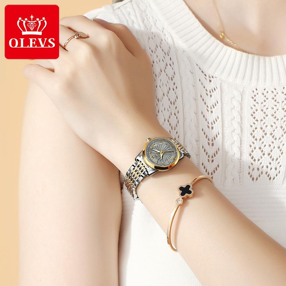 Olevs Luxury Brand Ladides Automatic Mechanical Wristwatch Waterproof Stainless Steel Simple Watch For Women Gift For Girl