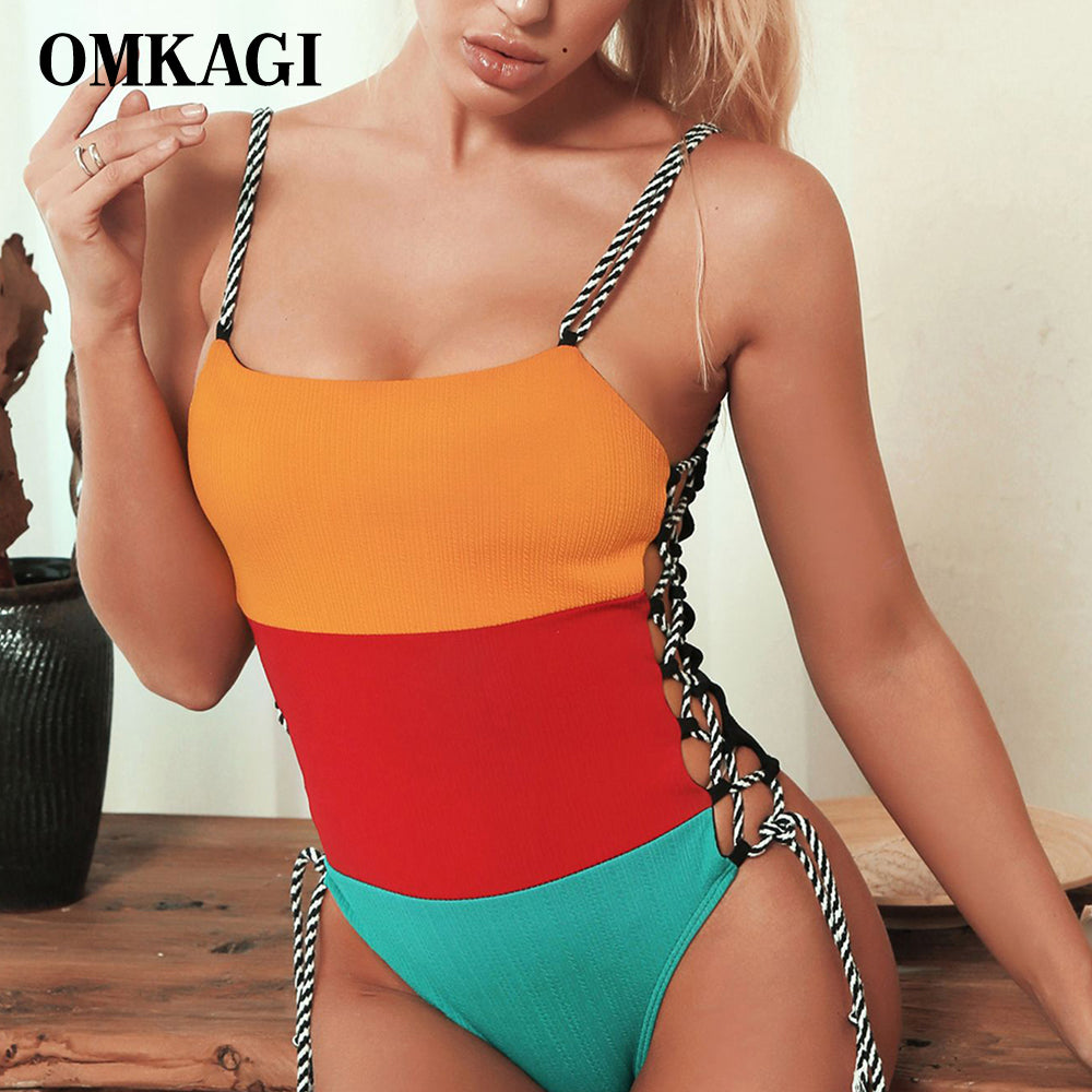 Omkagi Swimwear Women One Piece Swimsuit Patchwork Swimsuit  Female Swimming Suit For Women Micro Monokini Maillot De Bain Femme