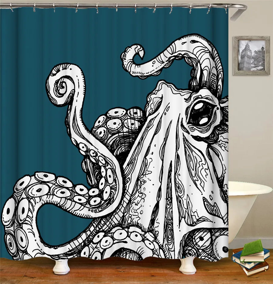 Octopus Seas Shower Curtains Bath Curtain 180*180Cm Waterproof Bathroom Home Decor Washable Fabric Bathroom Screen With 12 Hooks