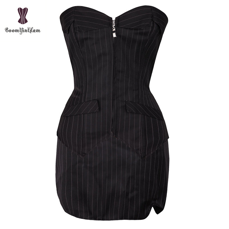 Office Style Women Basques Bustier Stripes Overbust Corsets Top With Skirt Lace Up Boned Corset Dress Plus Size 801