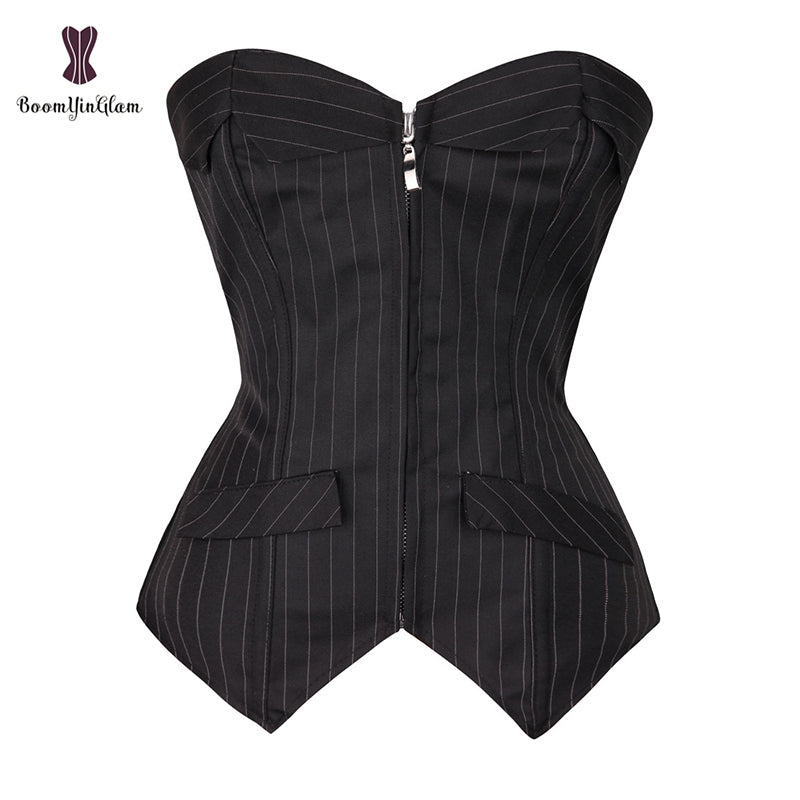 Office Style Women Basques Bustier Stripes Overbust Corsets Top With Skirt Lace Up Boned Corset Dress Plus Size 801