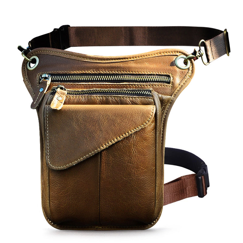 Original Leather Men Brown Casual Fashion Small Shoulder Messenger Bag Designer Travel Belt Waist Pack Drop Leg Bag Male 211-3-D