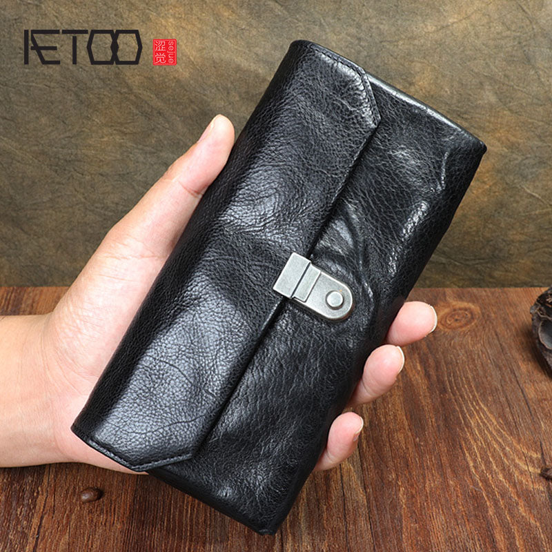 Original Retro Multi-Function Leather Long Wallet First Layer Cowhide Multi-Function Wallet Mobile Phone Bag Lock Clasp