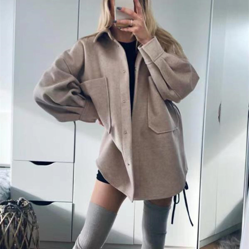 Puwd Casual Woman Camel Loose Pocket Woolen Shirt 2022 Fashion Ladies Autumn Long Sleeve Thick Blouse Coat Female Long Outwear