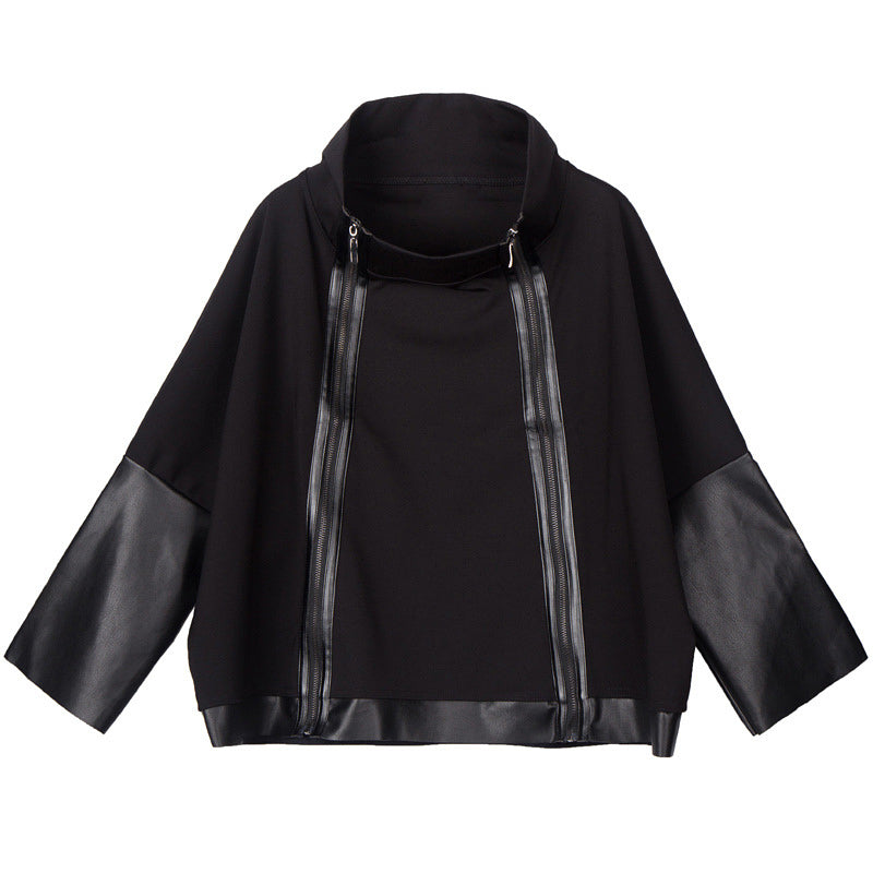 Patchwork Pu Leather Black Oversized Jacket Women Autumn Winter 2021 Zipper Loose Causal Coats Jackets Vintage Clothes Cardigan