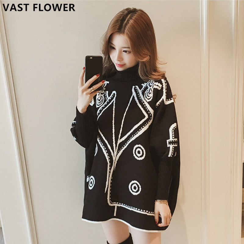 Pattern Knitted Sweater Women Batwing Sleeve Turtleneck Pullover Loose Oversized Sweater Korean Style Autumn Winter Clothes 2021