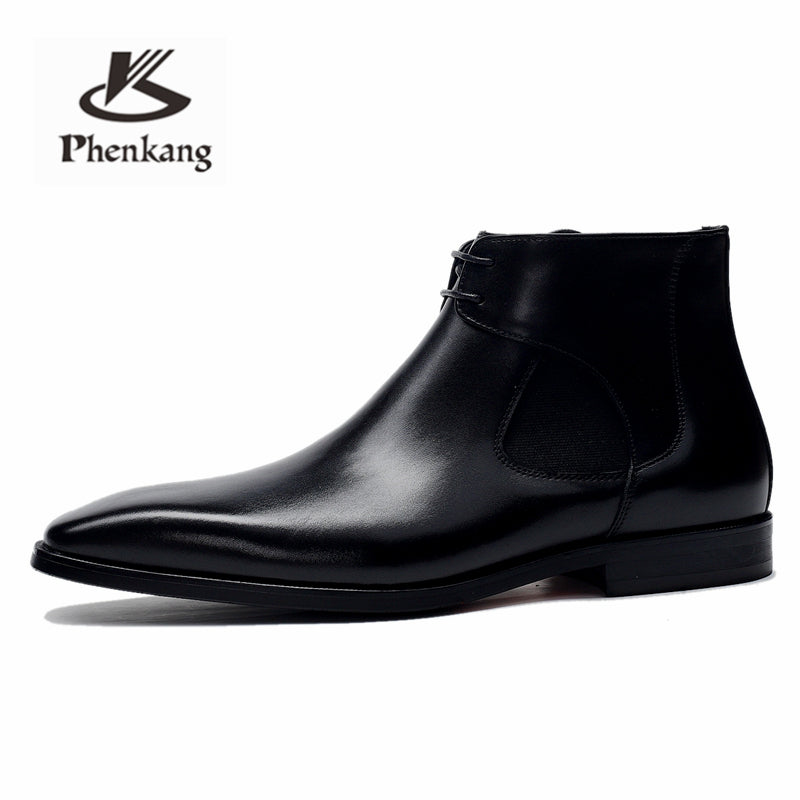 Phenkang Men Winter Genuine Cow Leather Chelsea Boots Brogue Casual Ankle Flat Shoes Comfortable Quality Laces Dress Boots 2020