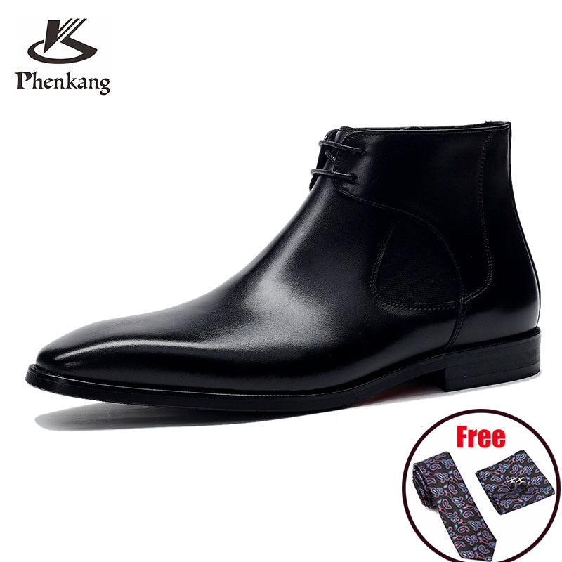 Phenkang Men Winter Genuine Cow Leather Chelsea Boots Brogue Casual Ankle Flat Shoes Comfortable Quality Laces Dress Boots 2020