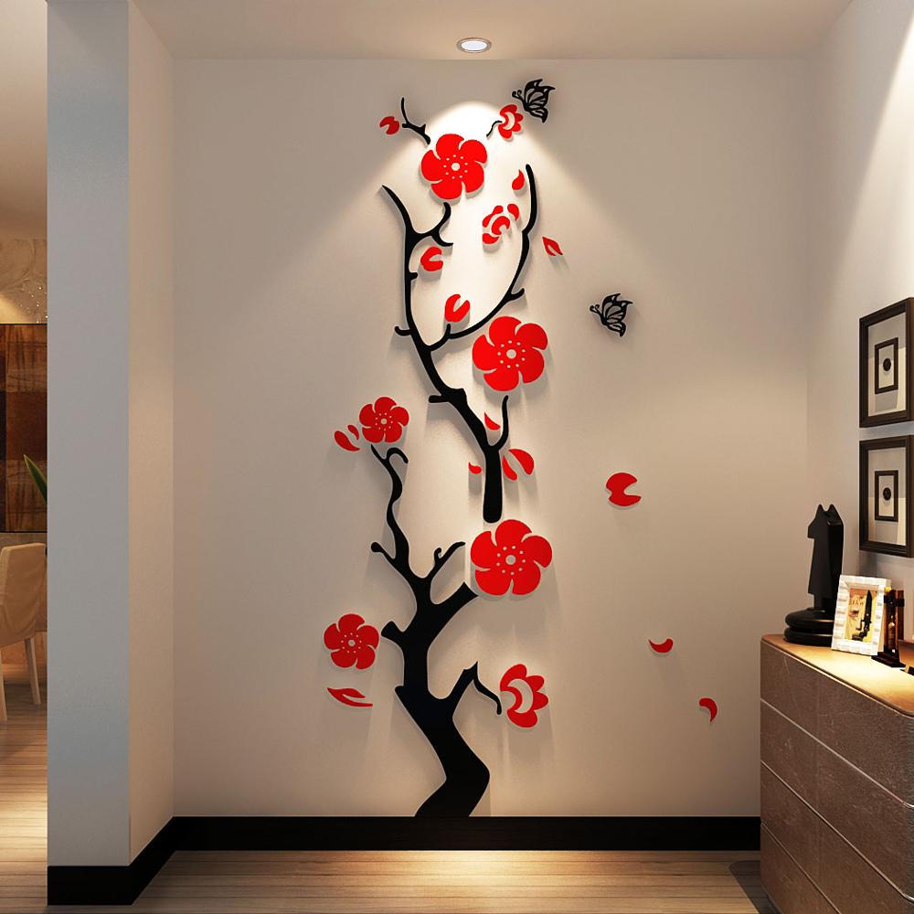 Plum Flower 3D Acrylic Mirror Wall Stickers Room Bedroom Diy Art Wall Decor  Living Room Entrance Background Wall Decoration