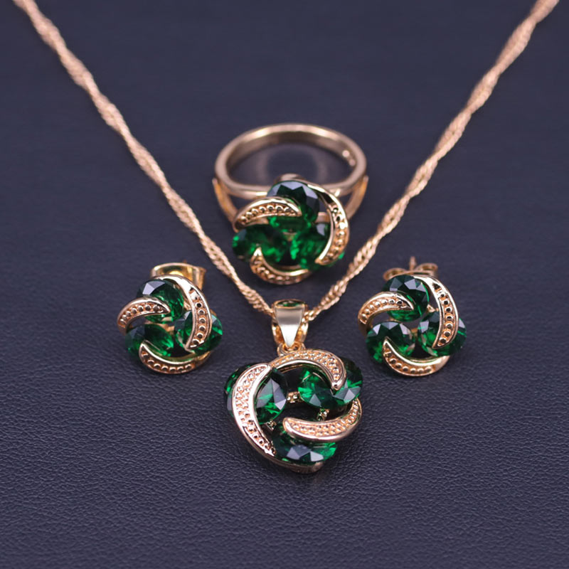 Promotion Lucky Circle Green Crystal Gold Color Bridal Jewelry Set For Women Earrings Necklace Pendant Ring