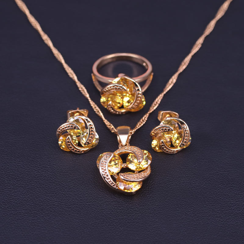 Promotion Lucky Circle Green Crystal Gold Color Bridal Jewelry Set For Women Earrings Necklace Pendant Ring