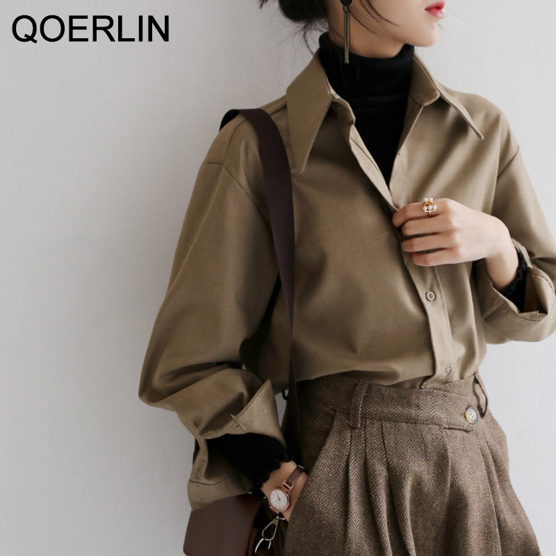 Qoerlin Coffee Blouse Women Spring Autumn Casual Solid Color Long Sleeve Shirt Women Korean Loose Shirt Ol Style Workwear S-Xl