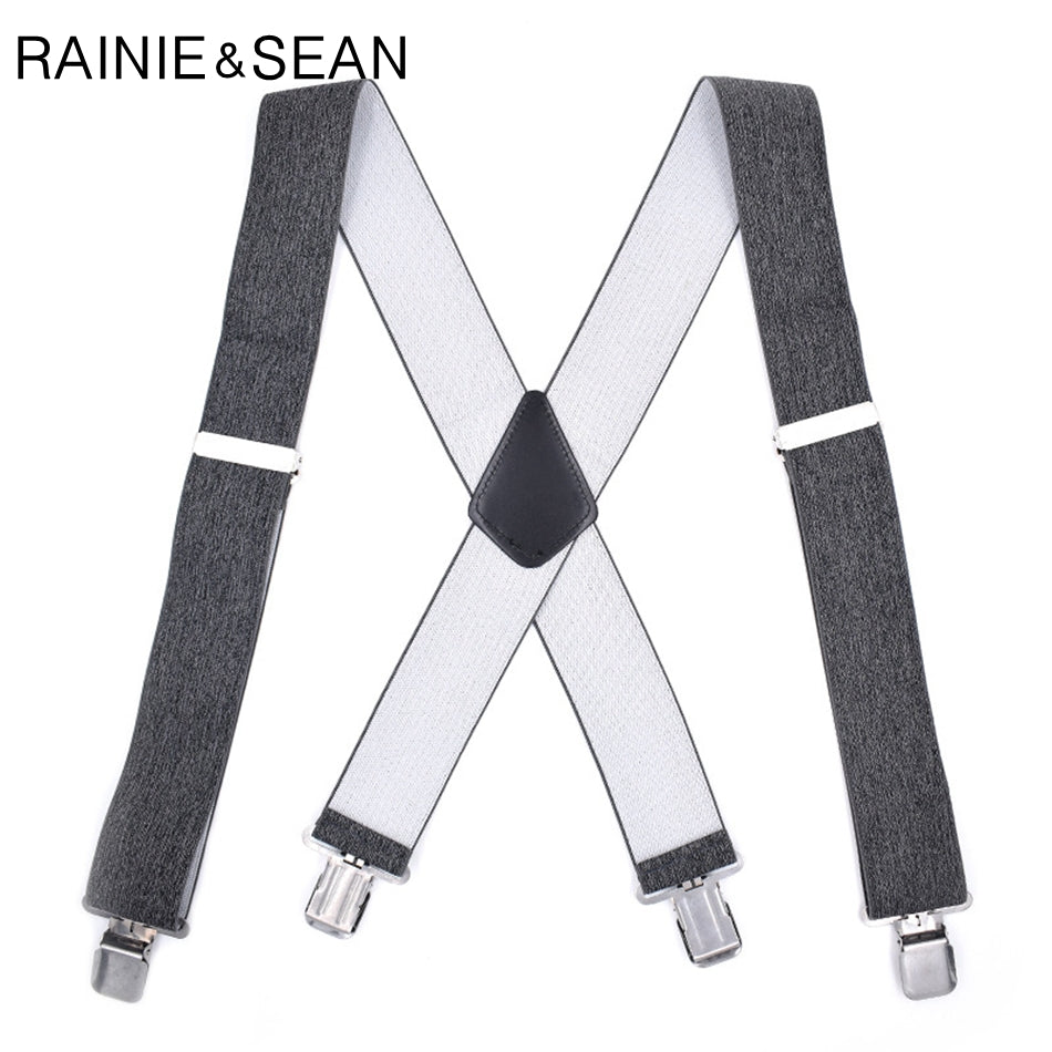 Rainie Sean Men Adult Suspenders Grey Mens Braces For Trousers Male Elastic Adjustable Wide Suspender Belt With 4 Clips 120Cm