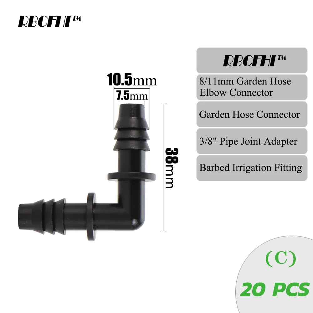 Rbcfhi Garden 3/8" To 1/4" Hose Connector 8/11 To 4/7Mm Barbed Lock Tee Straight Elbow End Plugs Pipe Adapter Irrigator Fitting