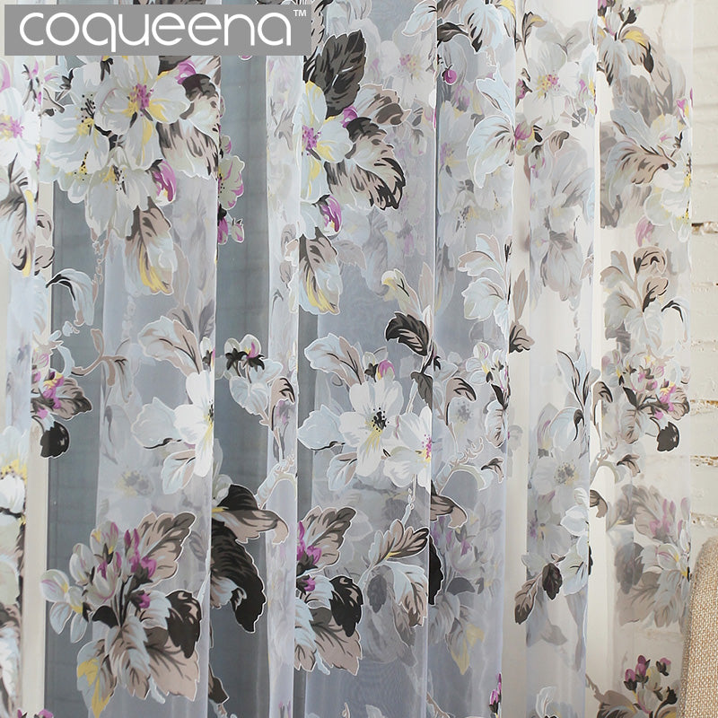 Ready Made Custom Flower Floral Voile Sheer Tulle Curtains For Living Room Bedroom Kitchen Door Window Home Decor, 1 Panel/Pcs